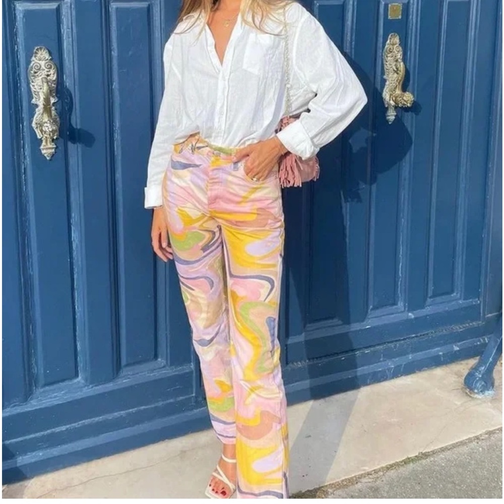 Zara Straight Leg Colorful Swirl Jeans Size Small 6 Button Fly Spring EUC Fun!